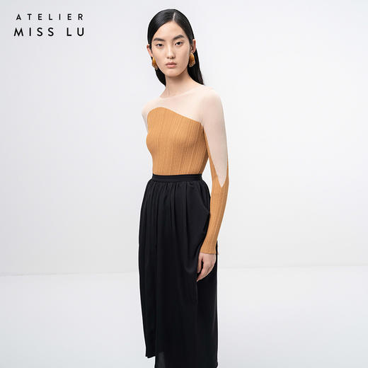 【近月之丘】流畅曲线藤黄拼纱长袖针织上衣/202118A 商品图2