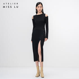 【纽步组合】斜开衩纽扣设计黑色针织半裙/202111A