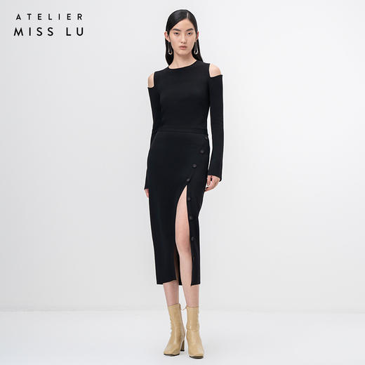 【纽步组合】斜开衩纽扣设计黑色针织半裙/202111A 商品图0