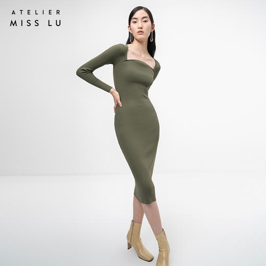 【立月】山丘领松绿长袖针织连衣裙/202108A 商品图1