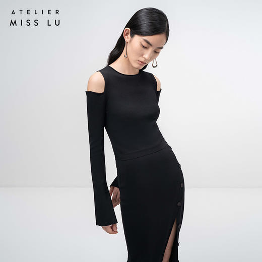 【纽步组合】斜开衩纽扣设计黑色针织半裙/202111A 商品图2