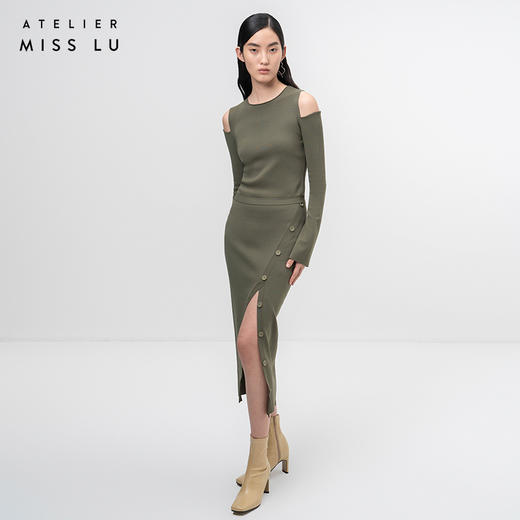 【松林月影】露肩设计微喇长袖松绿针织上衣/202110 商品图2