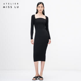 【立月】山丘领黑色长袖针织连衣裙/202108