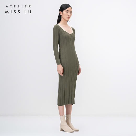 【温若夕下】松绿拼纱长袖针织连衣裙/202116 商品图2