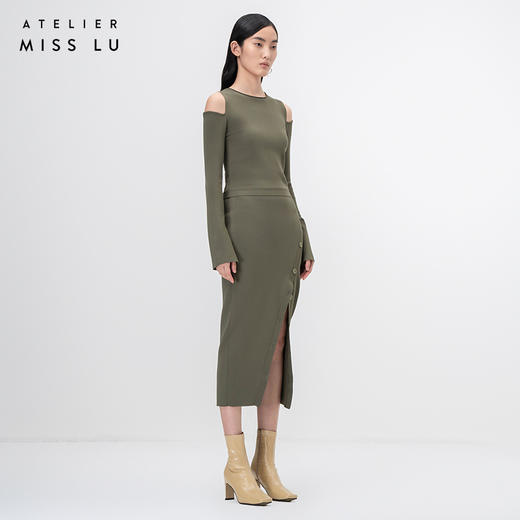 【纽步组合】斜开衩纽扣设计松绿针织半裙/202111 商品图1