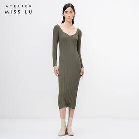 【温若夕下】松绿拼纱长袖针织连衣裙/202116