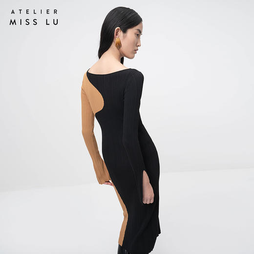 【暖息】流畅曲线深黑藤黄拼色长袖针织连衣裙/202107 商品图3