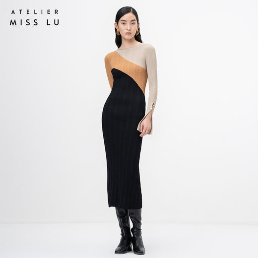 【轮廓线】流畅曲线三色拼接长袖针织连衣裙/202106 商品图0