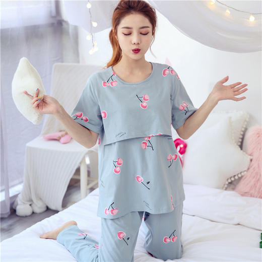 纯棉中长款三件套孕妇哺乳月子服秋冬韩版双面全棉长袖长裤草莓 商品图2