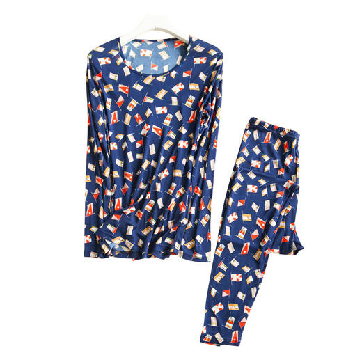 TG-TG03S177 秋冬真丝秋衣秋裤 桑蚕丝保暖圆领套装印花针织打底内衣套 商品图4