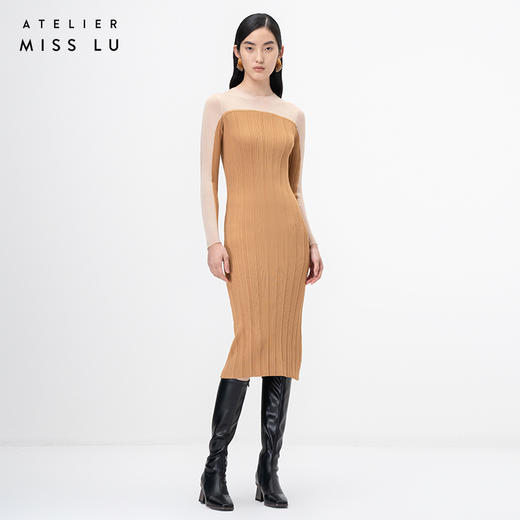 【古堡晚宴】弧形拼纱藤黄长袖针织连衣裙/202109A 商品图0