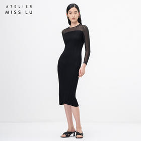 【古堡晚宴】弧形拼纱黑色长袖针织连衣裙/202109