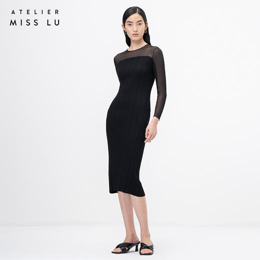 【古堡晚宴】弧形拼纱黑色长袖针织连衣裙/202109 商品图0