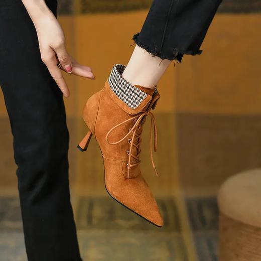 优雅尖头，羊猄皮尖头细跟裸靴系带单靴PS498 商品图2