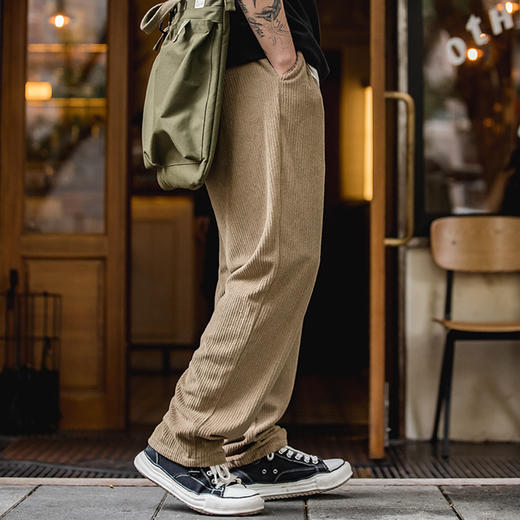 工装优选 日系复古针织深灰松紧腰抽绳卫裤条绒直筒阔腿长裤子男秋 商品图4