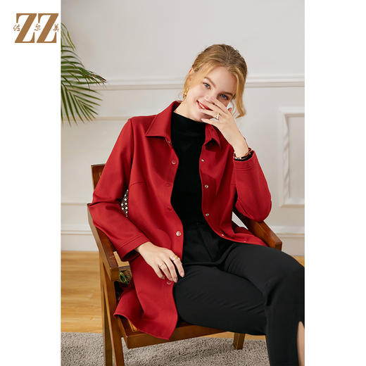 佐尔美2021秋季新款 气质时尚绿色红色长风衣外套女E13FZ08 商品图0
