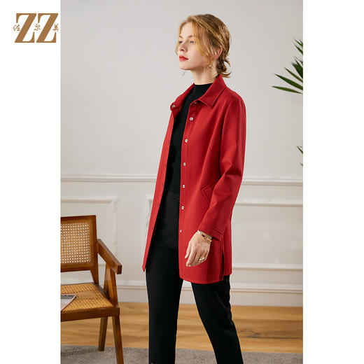 佐尔美2021秋季新款 气质时尚绿色红色长风衣外套女E13FZ08 商品图3
