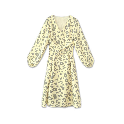 HeyDress豹纹V领连衣裙女收腰显瘦气质中长裙复古灯笼袖裙子 商品图4