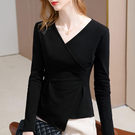 气质修身，V领打底长袖t恤不规则设计感小众上衣SG-J1Q1581 商品图1