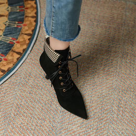 优雅尖头，羊猄皮尖头细跟裸靴系带单靴PS498 商品图4