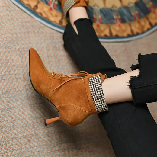 优雅尖头，羊猄皮尖头细跟裸靴系带单靴PS498 商品图3