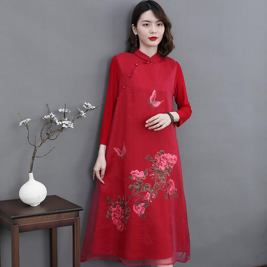 上海旗袍厂KDS-2167主推款喜婆婆酒红色婚宴装2021秋冬中国风宽松显瘦长袖裙子 商品图0