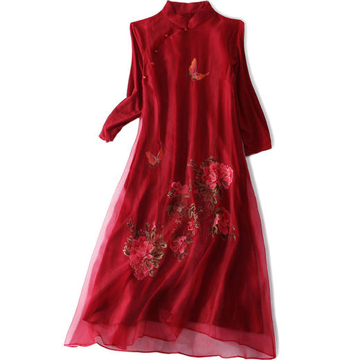 上海旗袍厂KDS-2167主推款喜婆婆酒红色婚宴装2021秋冬中国风宽松显瘦长袖裙子 商品图1