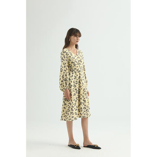 HeyDress豹纹V领连衣裙女收腰显瘦气质中长裙复古灯笼袖裙子 商品图1