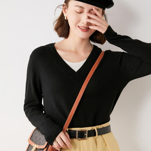 Happy's Bazzar芭莎秋冬新品套头长袖毛针织衫女条纹羊毛衫&V领拼接假两件羊毛针织衫 商品图8