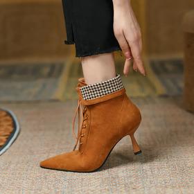 优雅尖头，羊猄皮尖头细跟裸靴系带单靴PS498