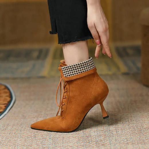 优雅尖头，羊猄皮尖头细跟裸靴系带单靴PS498 商品图0