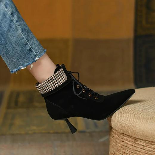 优雅尖头，羊猄皮尖头细跟裸靴系带单靴PS498 商品图7