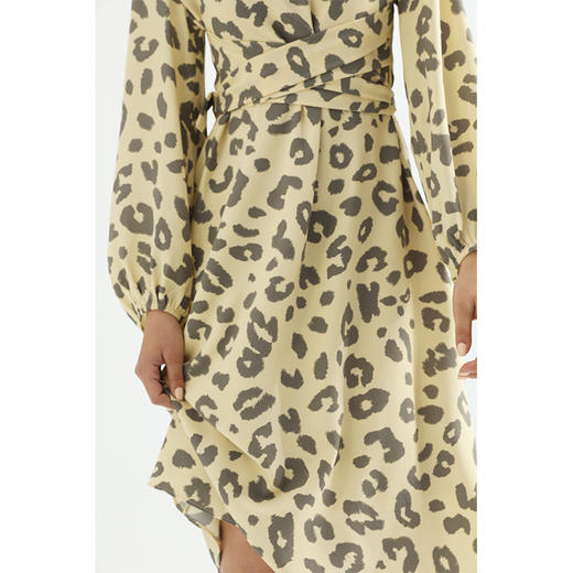 HeyDress豹纹V领连衣裙女收腰显瘦气质中长裙复古灯笼袖裙子 商品图2