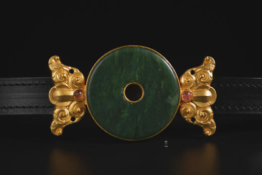 皮带 | 錾刻双蝴蝶碧玺和田碧玉圆牌皮带扣牛皮皮带 商品图1