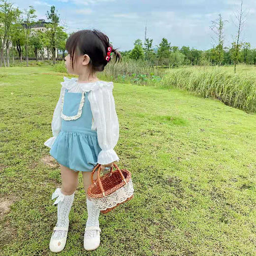 幸福满满21春秋新款女童背带裤长袖衬衫套装女宝小清新甜美风蓝色花边短裤 商品图3