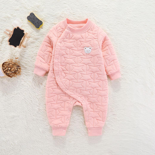 幸福满满婴儿夹棉连体衣服春季保暖0-12月新生儿爬服春秋宝宝薄棉哈衣 商品图2