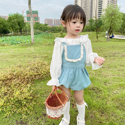 幸福满满21春秋新款女童背带裤长袖衬衫套装女宝小清新甜美风蓝色花边短裤 商品图1