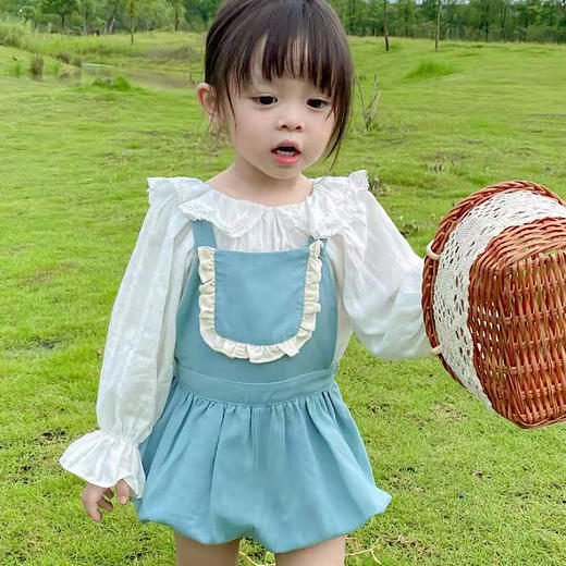 幸福满满21春秋新款女童背带裤长袖衬衫套装女宝小清新甜美风蓝色花边短裤 商品图4