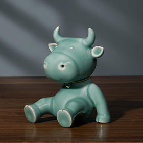 龙泉青瓷福牛摆件新年送礼客厅玄关招财办公桌摆件生肖牛银多多
