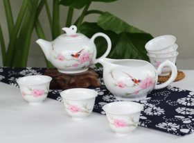 景德镇陶瓷 国瓷红叶 8头手绘茶具（金品小壶水点桃花）