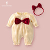 幸福满满新生儿用品秋季公主女宝长袖纯棉米色大蝴蝶结哈衣爬服 商品缩略图0