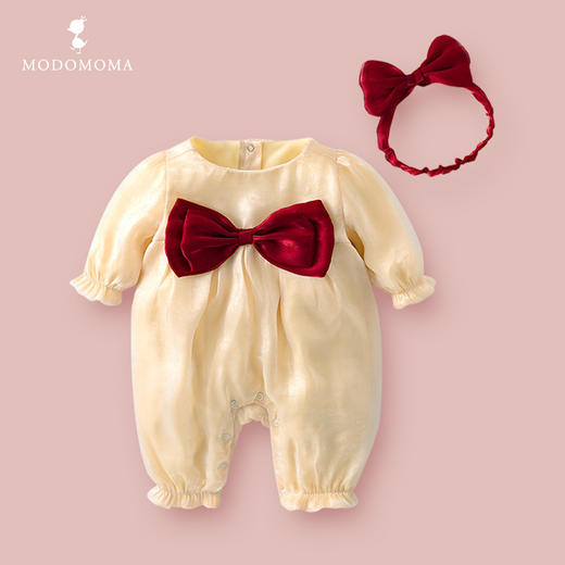 幸福满满新生儿用品秋季公主女宝长袖纯棉米色大蝴蝶结哈衣爬服 商品图0