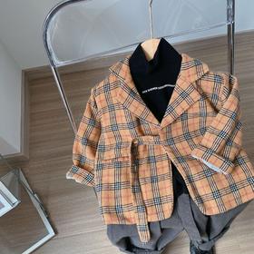 幸福满满童装男童呢子格子大衣韩版儿童外套中长款小童休闲上衣冬