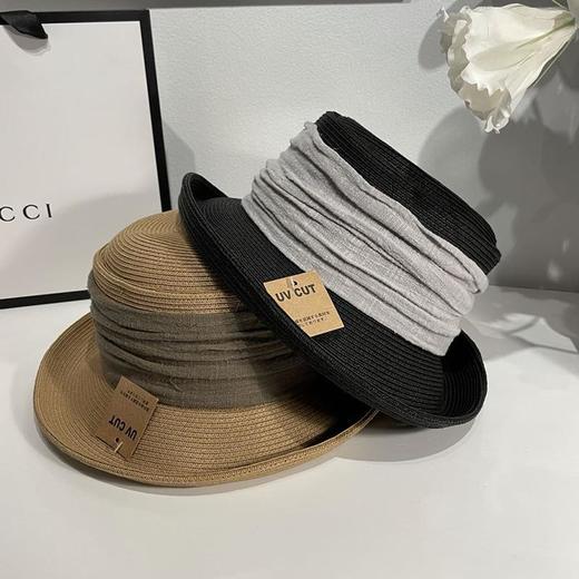 复古休闲手工草帽女夏季褶皱蝴蝶结遮阳帽 商品图0