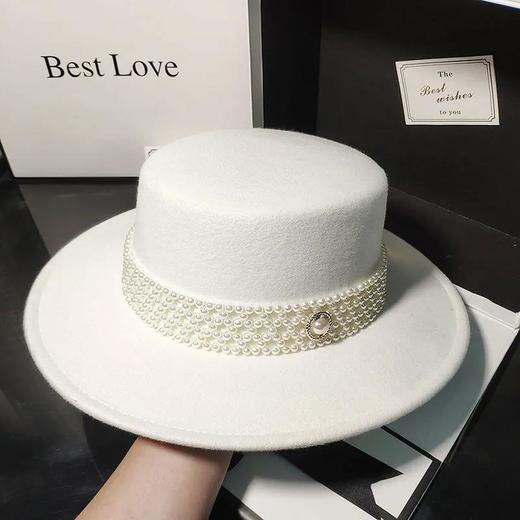 法式优雅平顶毛呢帽子女气质名媛仿羊毛礼帽秋冬英伦复古珍珠毡帽 商品图2