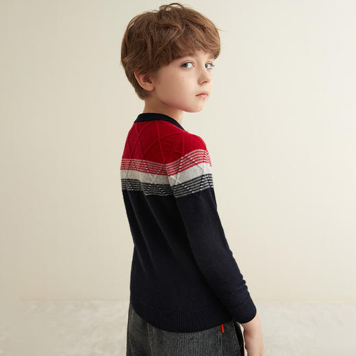 【男童夹花条纹撞色羊绒衫】羊绒世家秋冬童装男宝100%山羊绒内搭保暖毛衣 商品图5