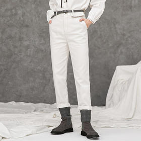 Famecoco范可儿休闲裤女秋冬宽松直筒裤子白色纯棉F218GA013