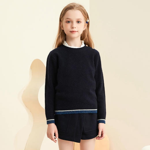 【女童条纹撞色羊绒衫】羊绒世家女童新品100%山羊绒衫时尚纽扣装饰条纹毛衣 商品图5