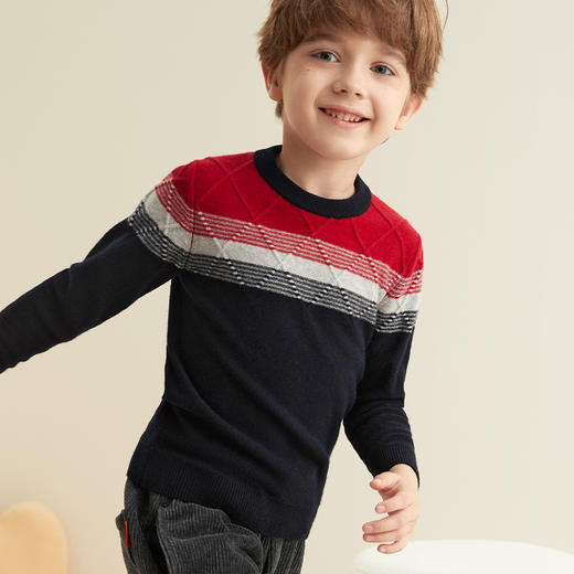 【男童夹花条纹撞色羊绒衫】羊绒世家秋冬童装男宝100%山羊绒内搭保暖毛衣 商品图4