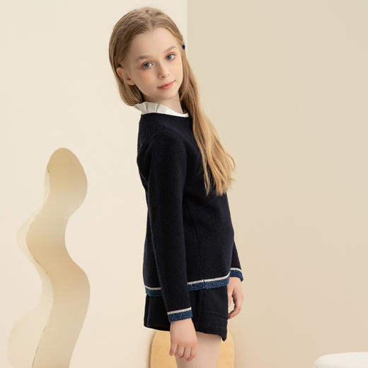 【女童条纹撞色羊绒衫】羊绒世家女童新品100%山羊绒衫时尚纽扣装饰条纹毛衣 商品图6